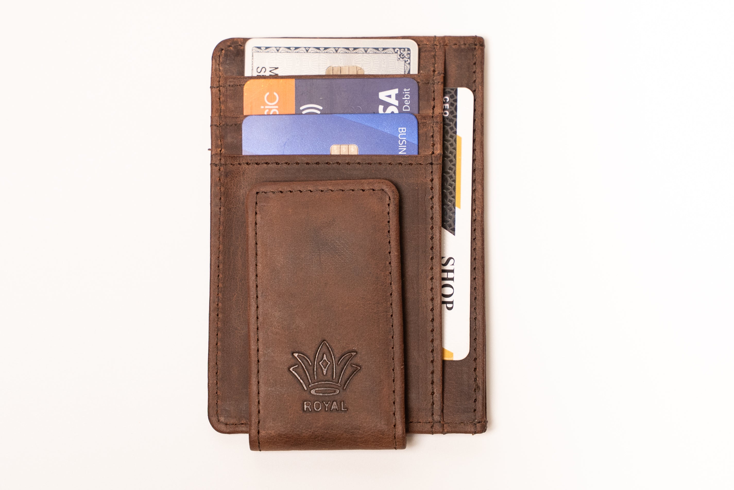 ROYAL Bifold Leather Money Clip Wallet - Brown Minimalist.