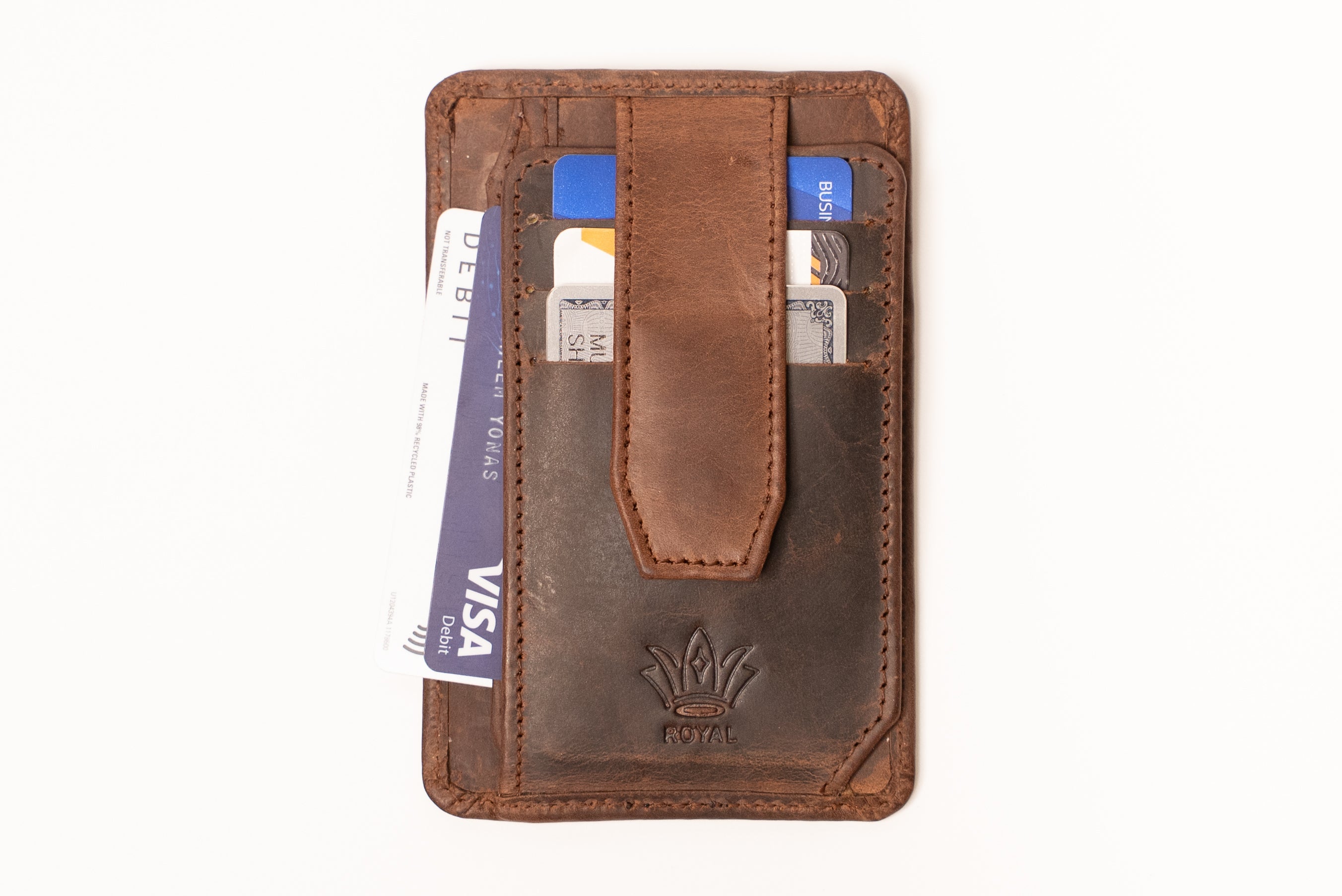 Brown leather wallet with card slots on a white background