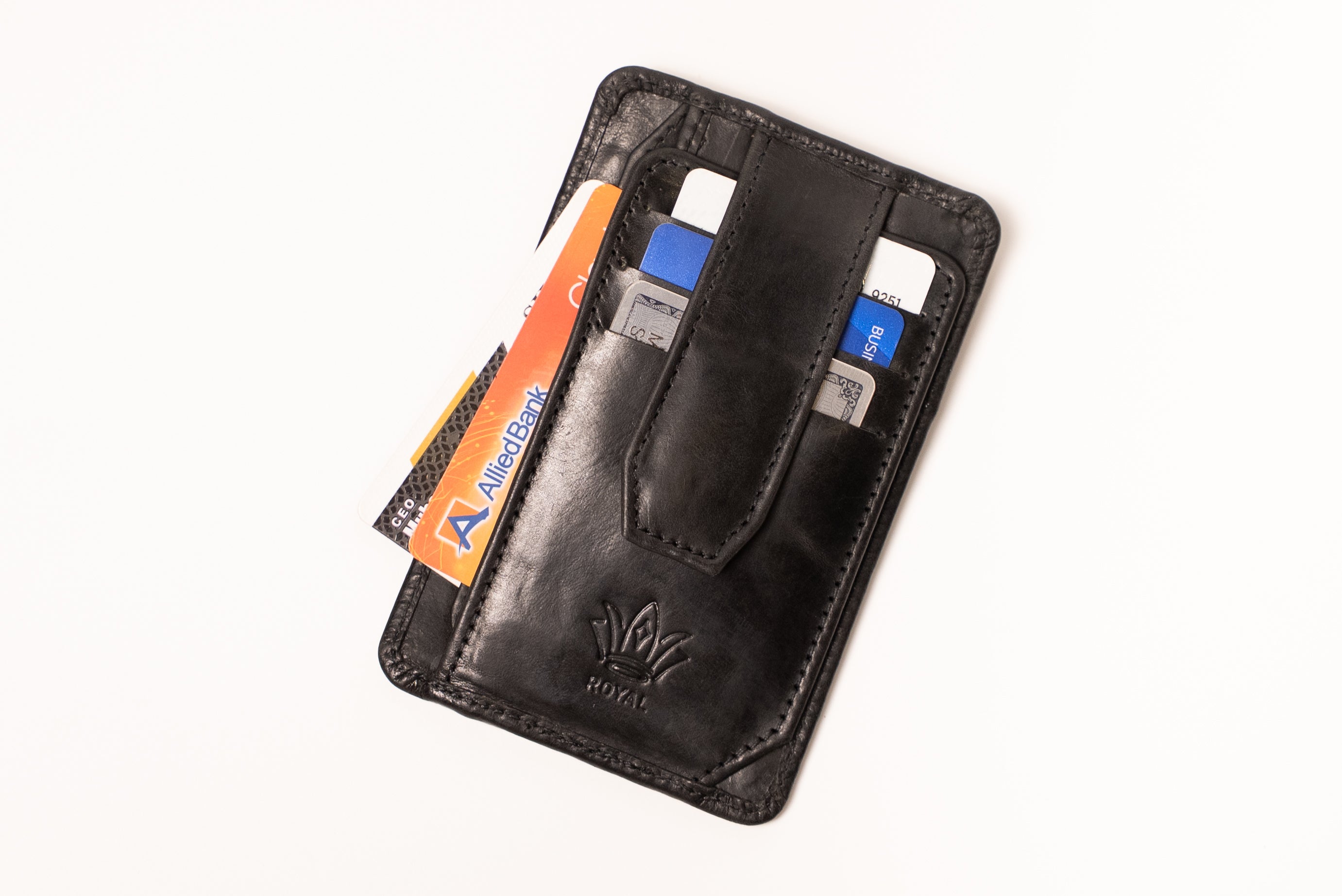 Black leather wallet with card slots on a white background