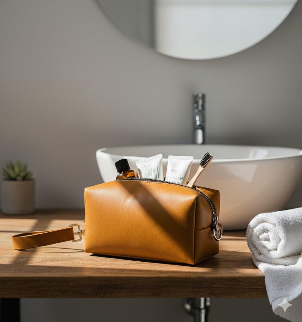 ROYAL Leather Toiletry Bag - Brown Water Resistant.