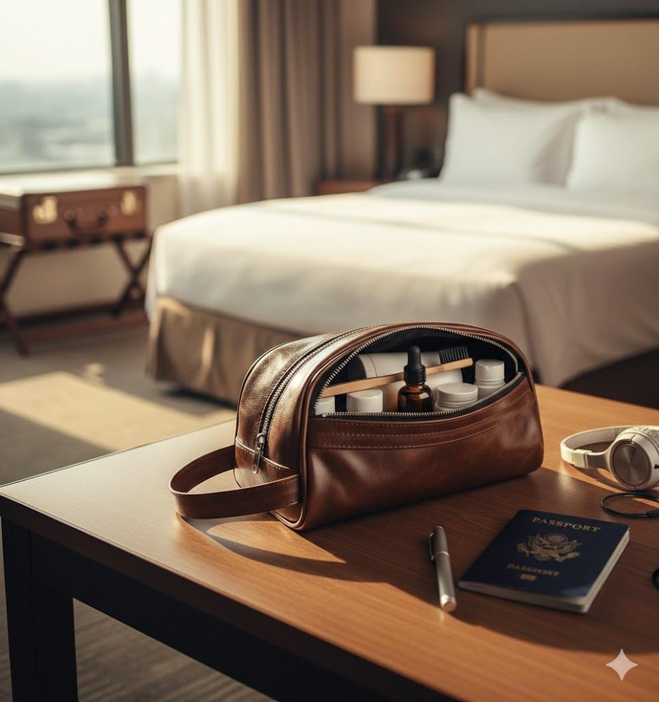 ROYAL Leather Toiletry Bag - Dark Brown Water Resistant.