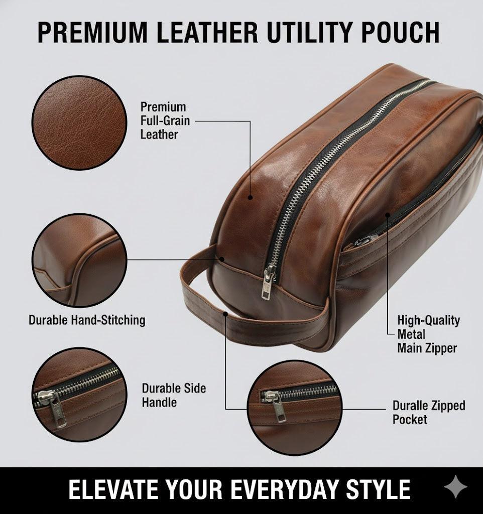 ROYAL Leather Toiletry Bag - Dark Brown Water Resistant.