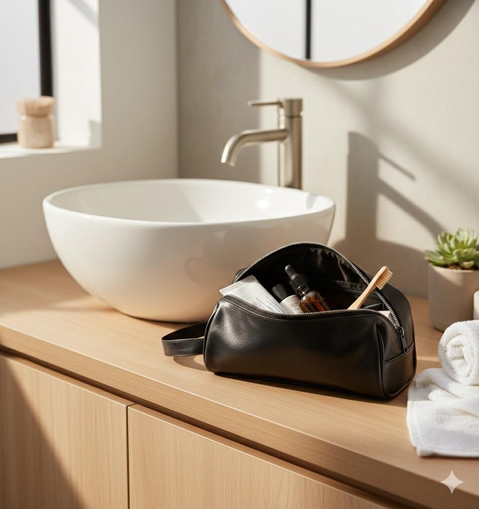 Royal Leather Toiletry Bag - Black Water Resistant Travel Organizer.