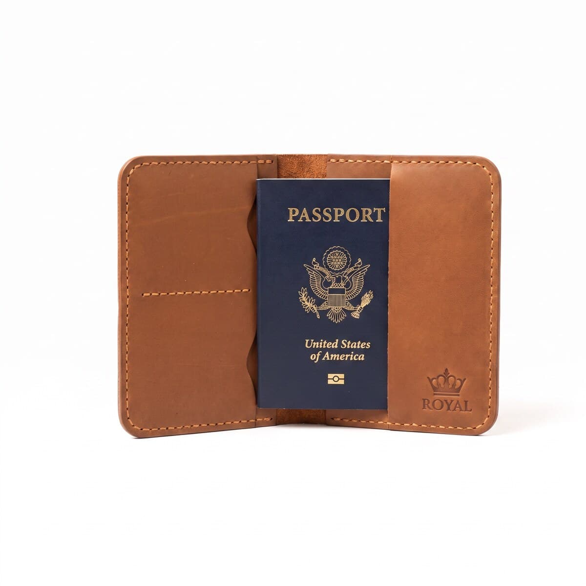 ROYAL Hand Made Passport Cover — Camel — front view