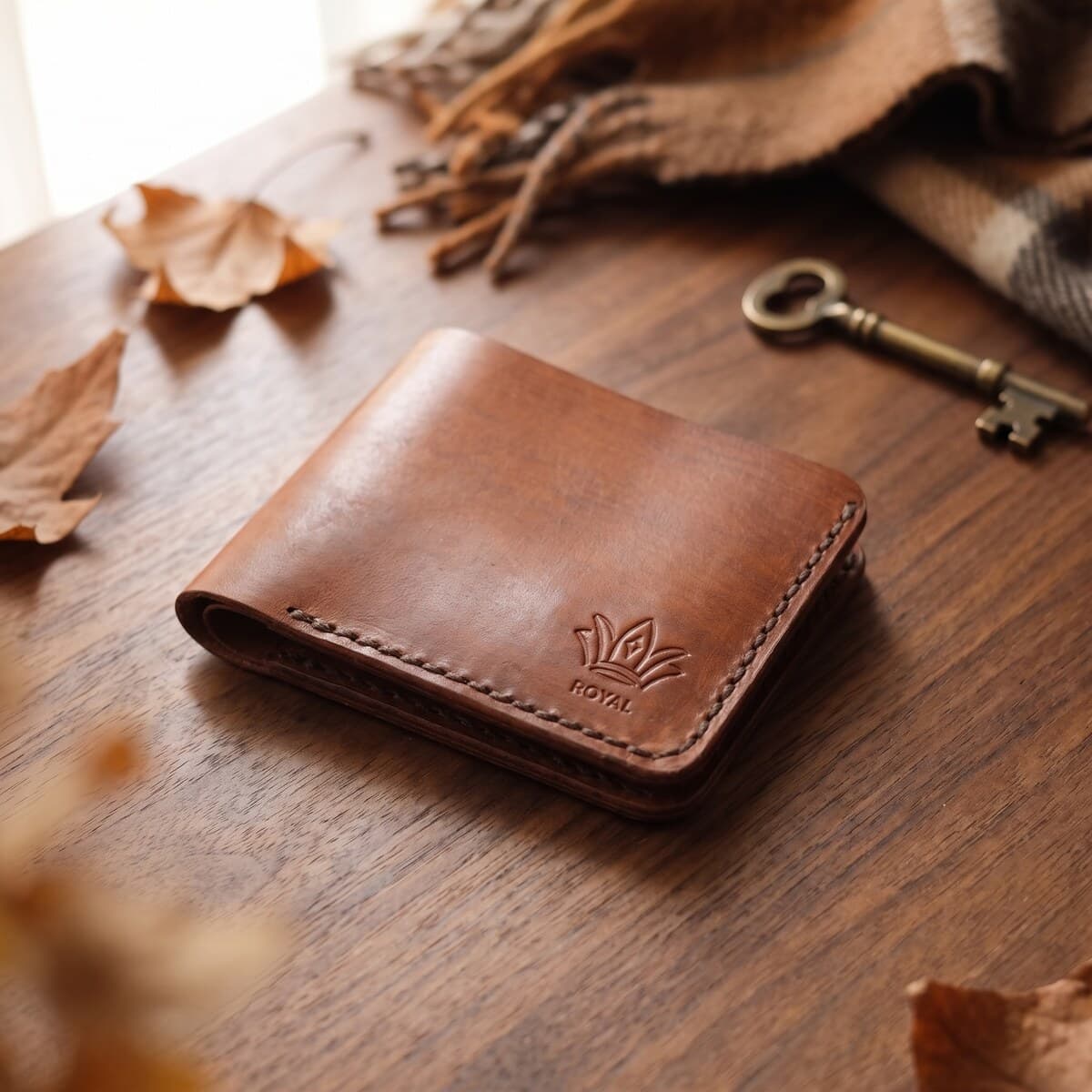 ROYAL Hand Made Regular 3 Pocket Wallet — Tan — angle view