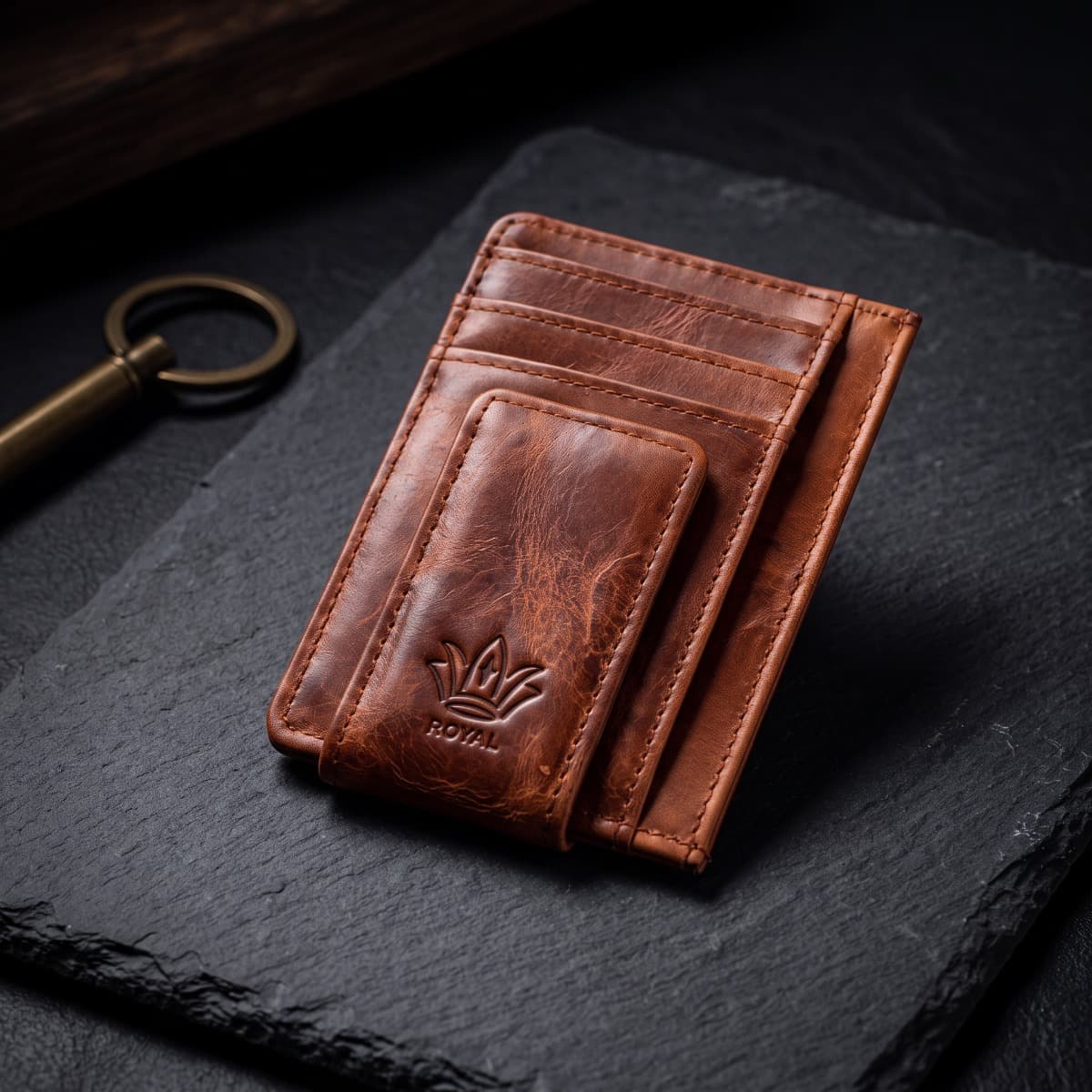 ROYAL Magnet Card Holder — Tan — front view