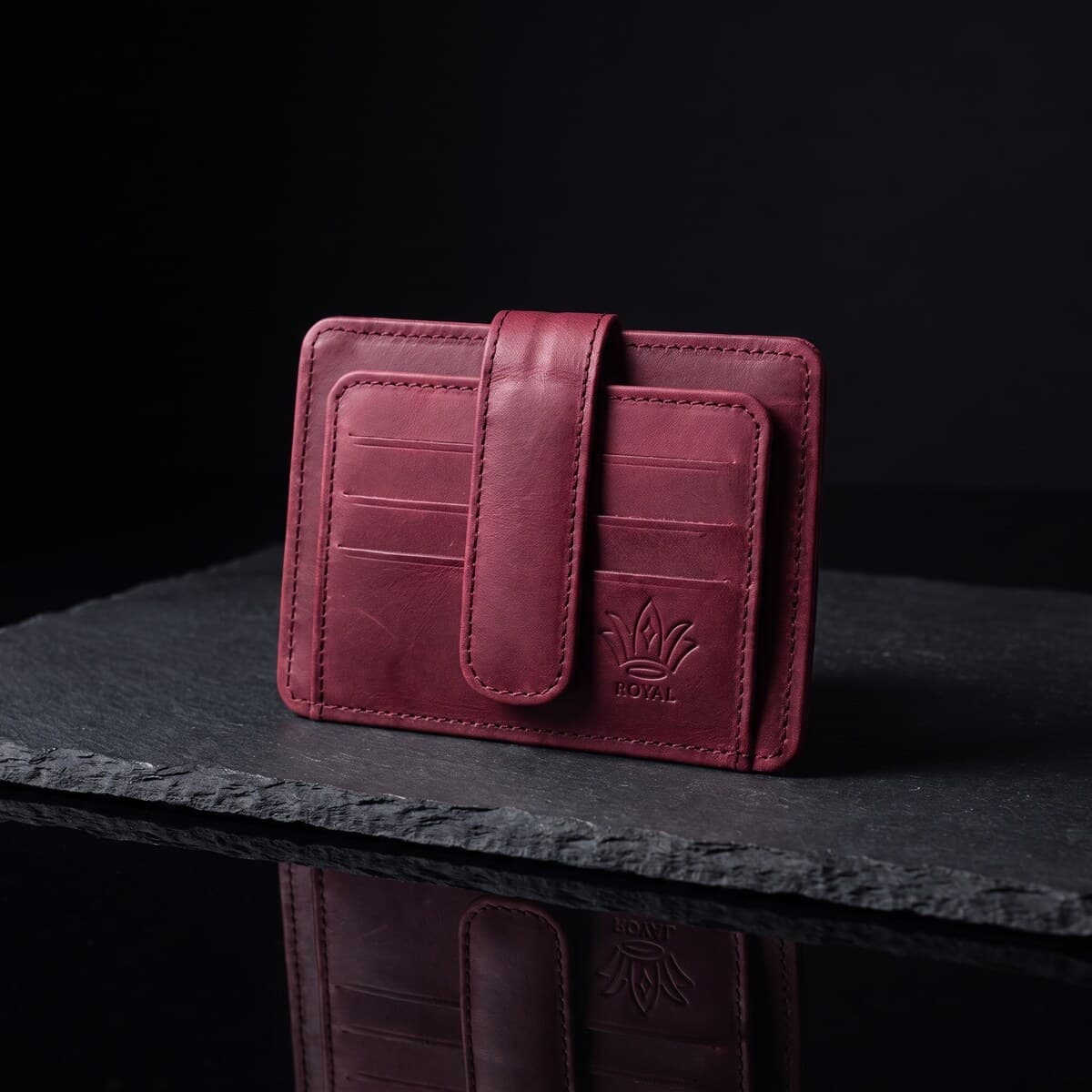 Royal Short Flap Card Holder — Burgundy — Burgundy full-grain leather
