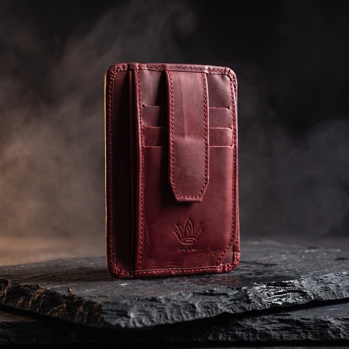 Royal Long Flap Card Holder — Burgundy — Burgundy full-grain leather