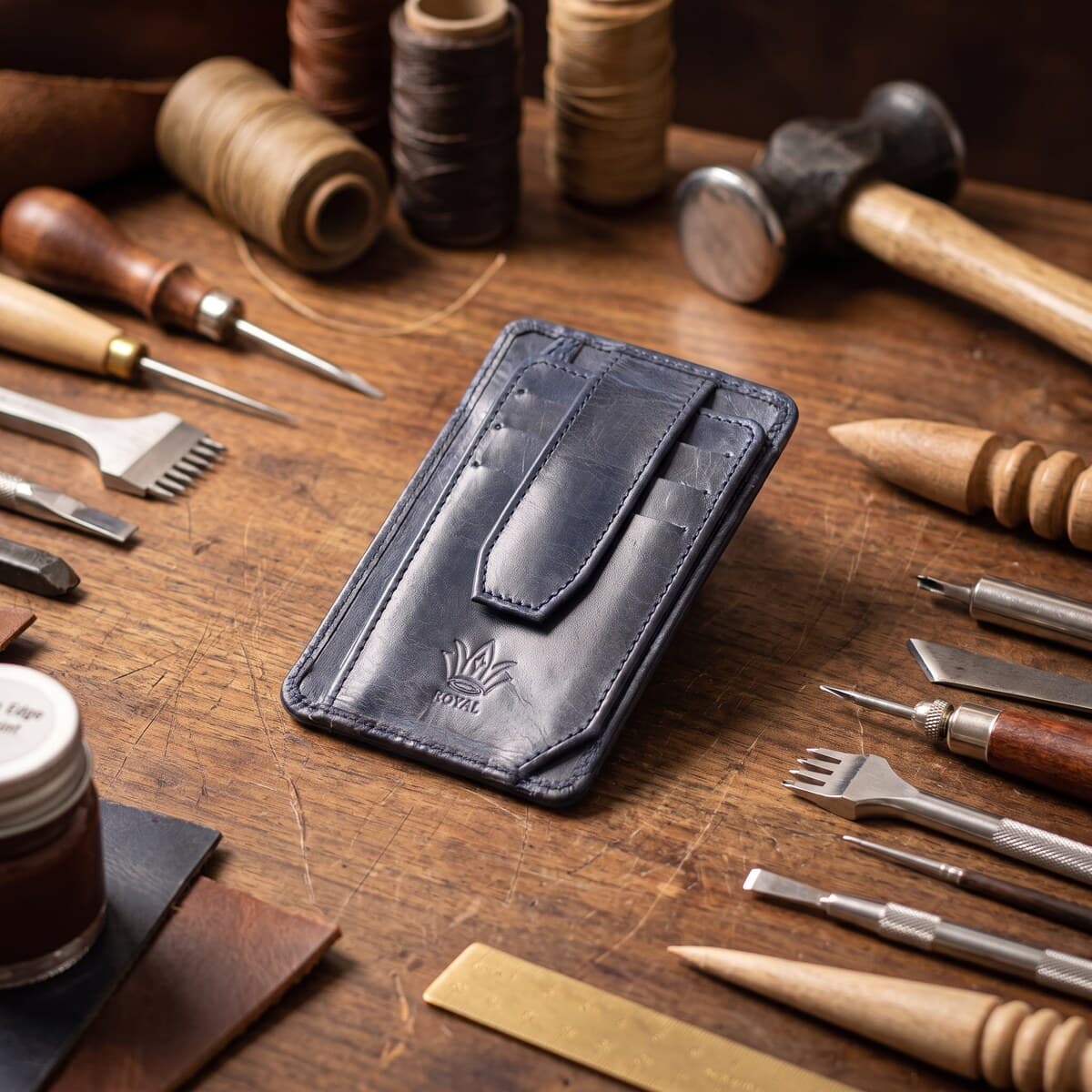 Royal Long Flap Card Holder — Blue — Default full-grain leather, view 11