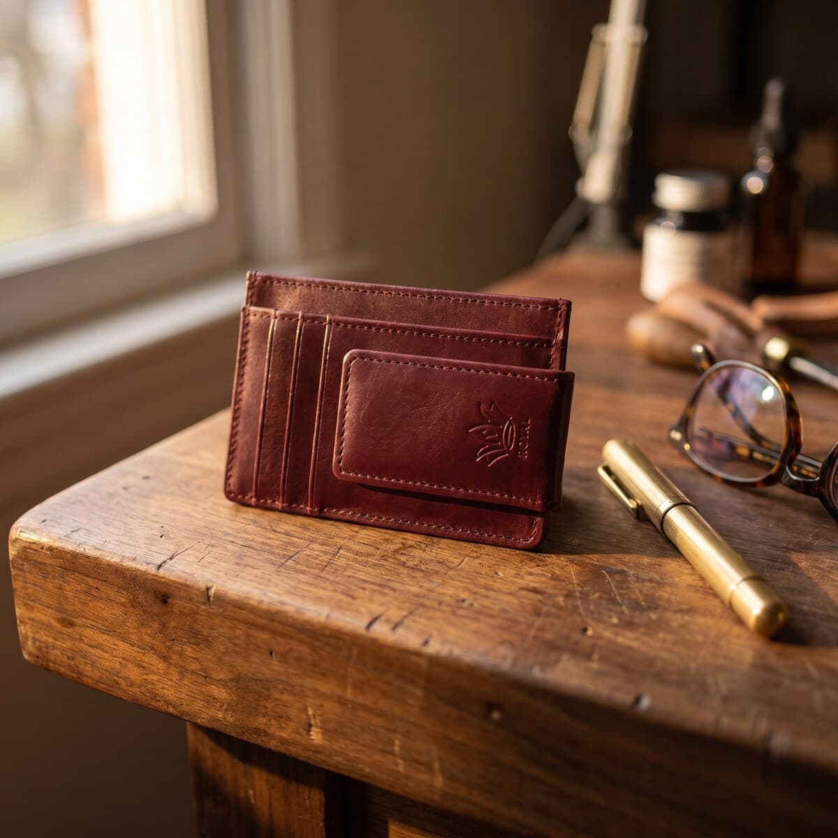 Royal Magnet Card Holder — Burgundy — Burgundy full-grain leather