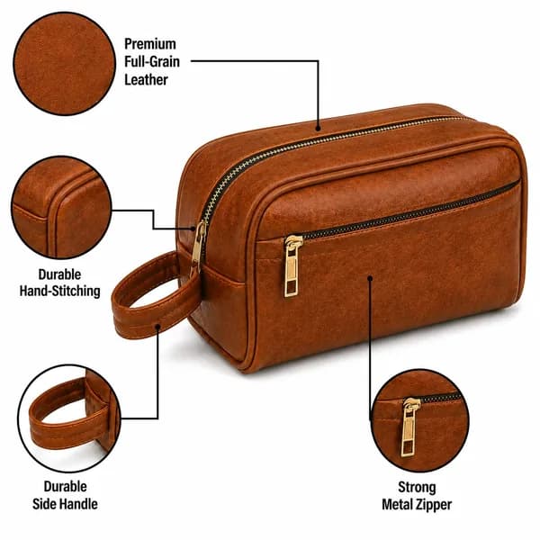 ROYAL Genuine Leather Toiletry Bag for Men & Women | Large Capacity Travel Dopp Kit | Cosmetic & Shaving Organizer (Chocolate)