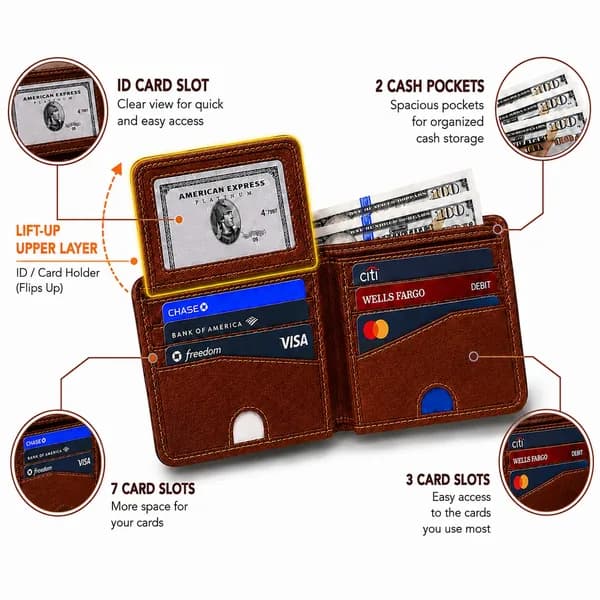 ROYAL Genuine Leather Bifold Wallet for Men – 10 Card Slots, 2 Cash Pockets, Lift-Up ID Window, Compact Design for Everyday Carry & Gifting