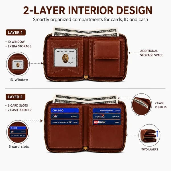 ROYAL Men's Zipper Wallet, Bifold Wallet for Men with 6 Card Slots, 2 Cash Compartments & ID Window, Compact 2-Layer Wallet with Wraparound Zipper