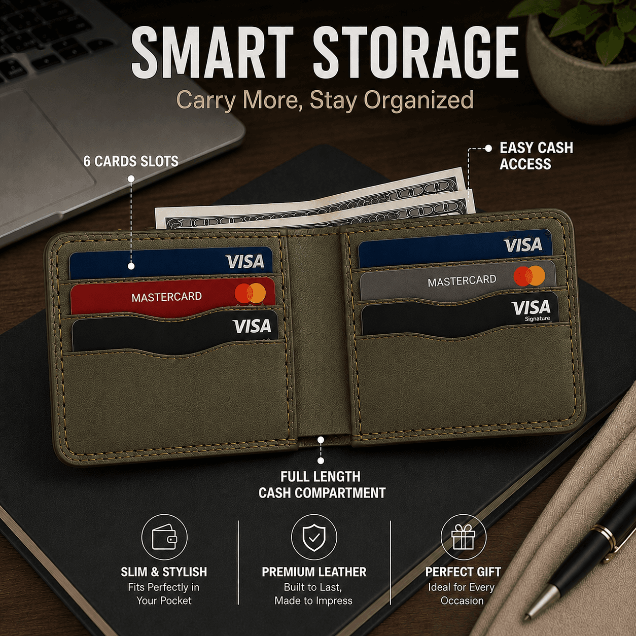 ROYAL Hand Made Regular 3 Pocket Wallet — Green
