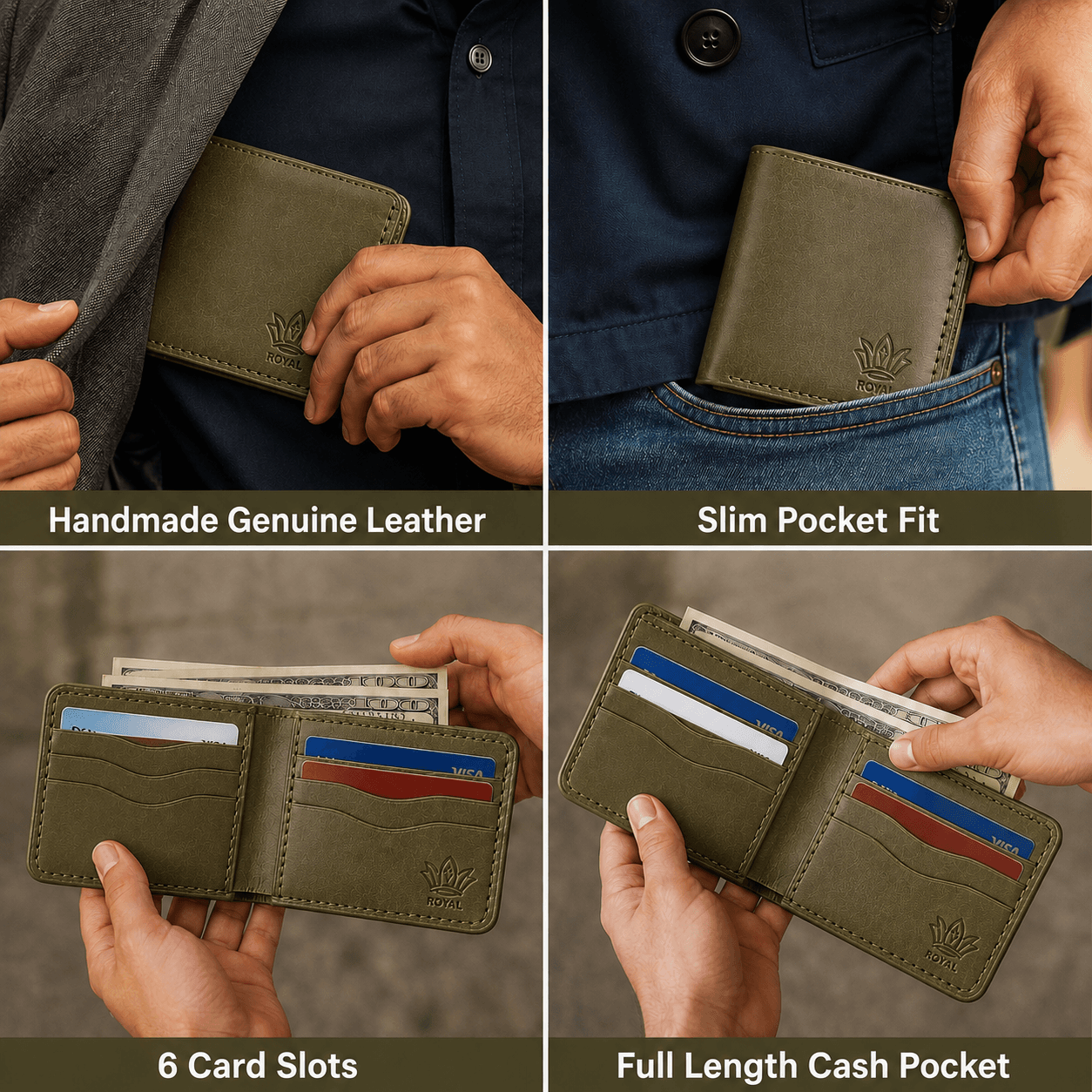 ROYAL Hand Made Regular 3 Pocket Wallet — Green