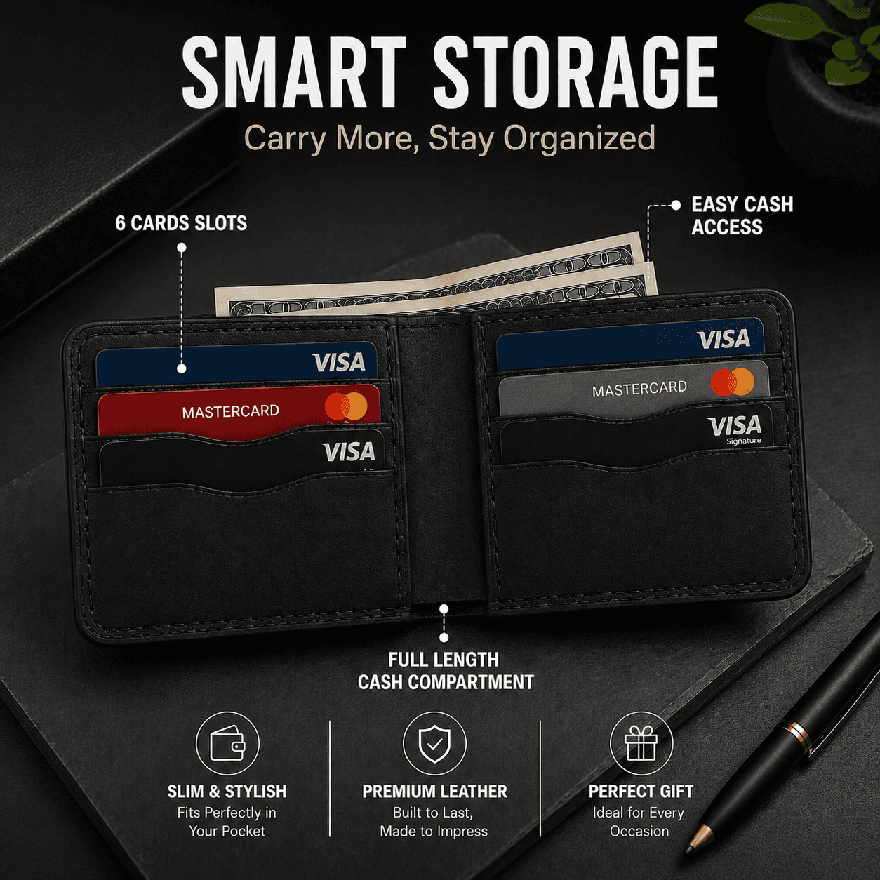 ROYAL Hand Made Regular 3 Pocket Wallet — Black