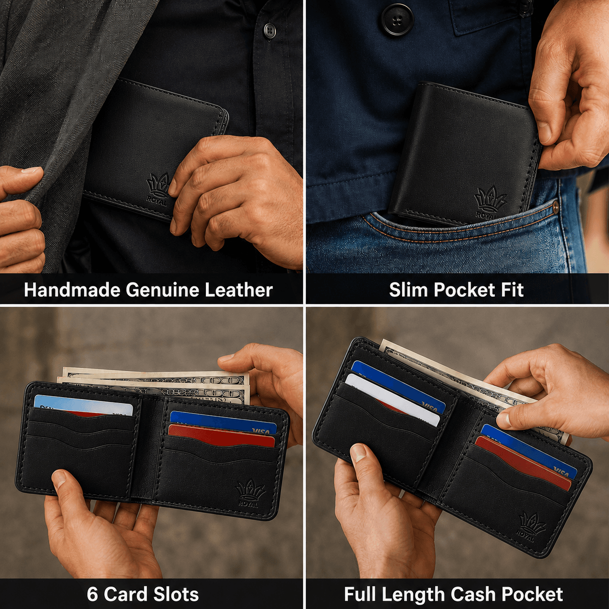 ROYAL Hand Made Regular 3 Pocket Wallet — Black