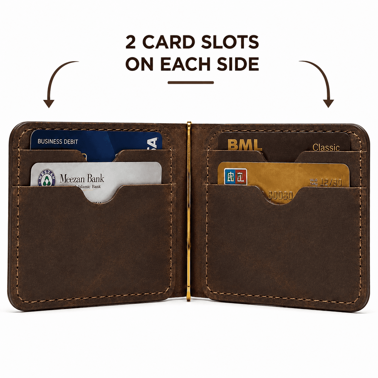 Brown money clip wallet open — two card slots on each side with the brass clip in the centre