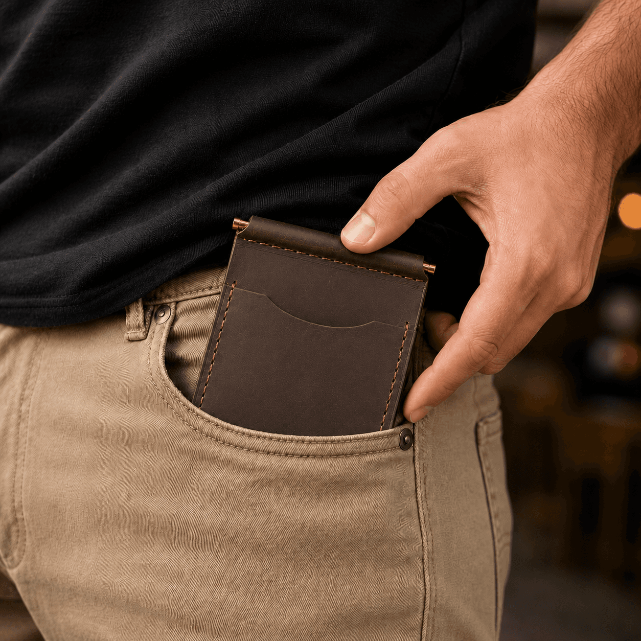 Brown money clip wallet slipping into the front pocket of khaki trousers
