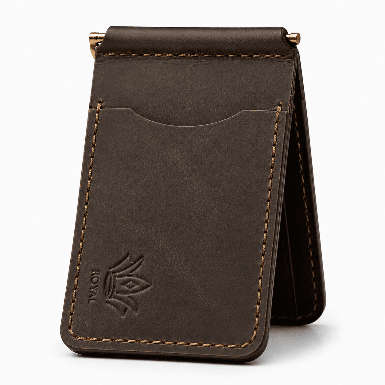 Brown money clip wallet closed, front view on white
