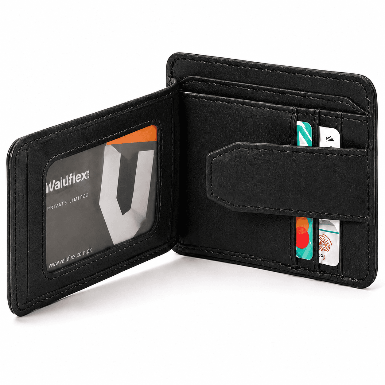 Black flap wallet opened flat: ID window on the left, card slots and strap on the right