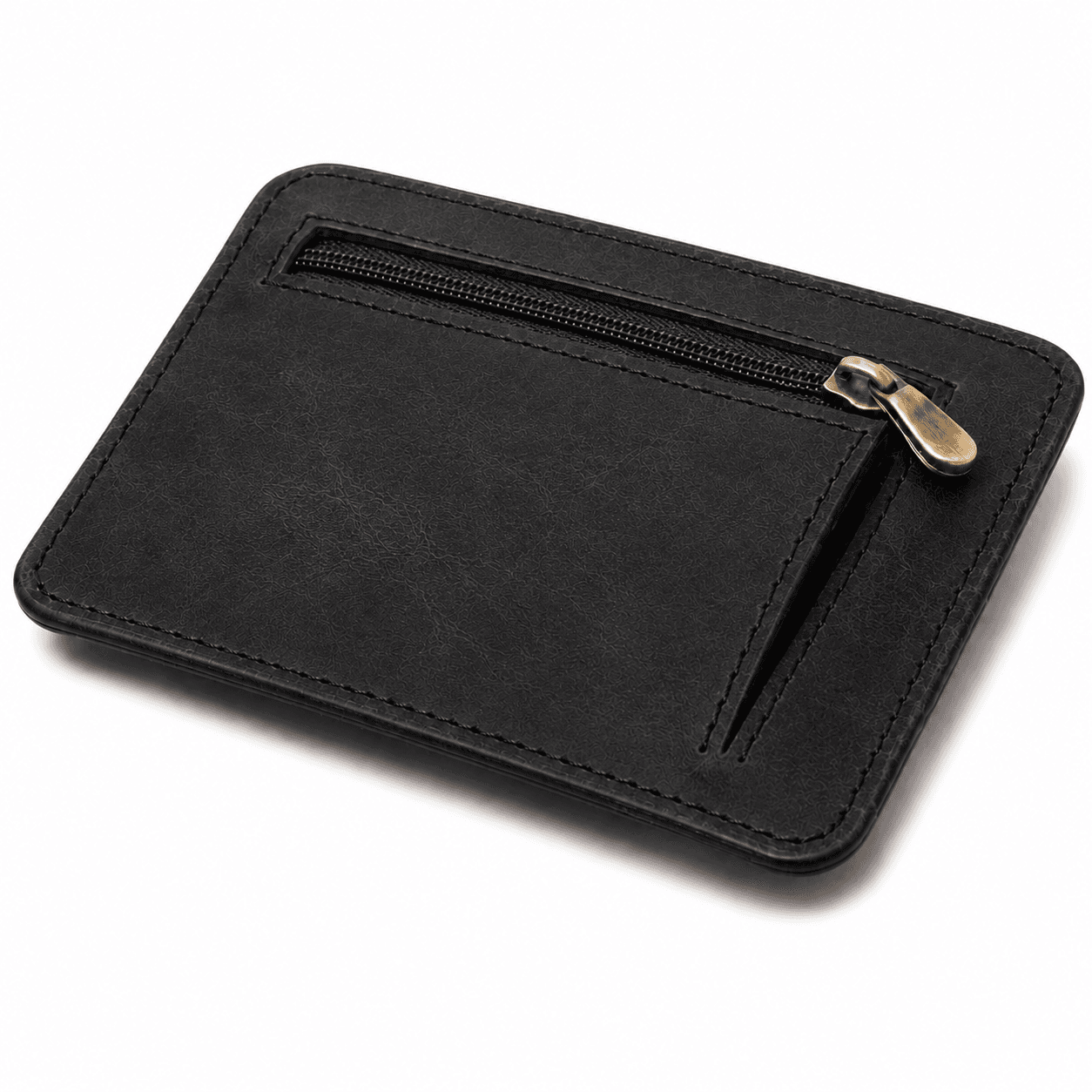 Back of the black flap wallet showing the brass zip pocket