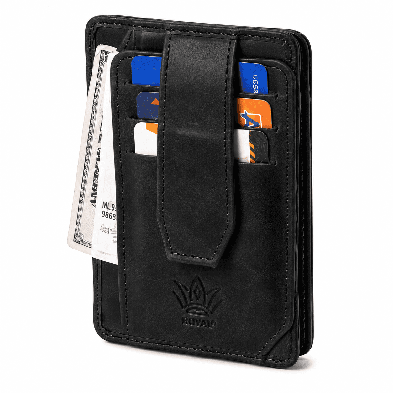 Black flap wallet front with cash under the snap strap and cards in the outer slots