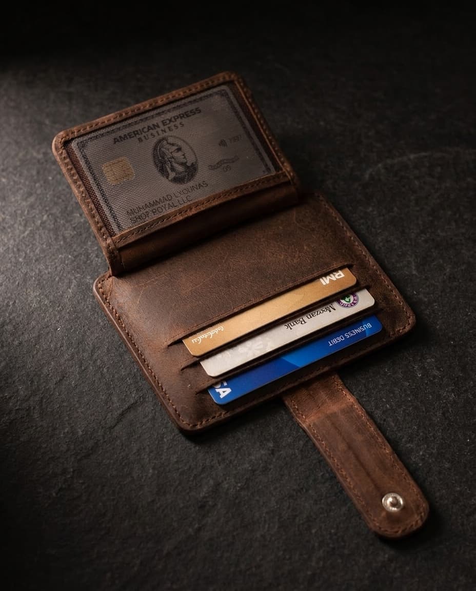 Royal Short Flap Card Holder — Chocolate — Chocolate full-grain leather, view 3
