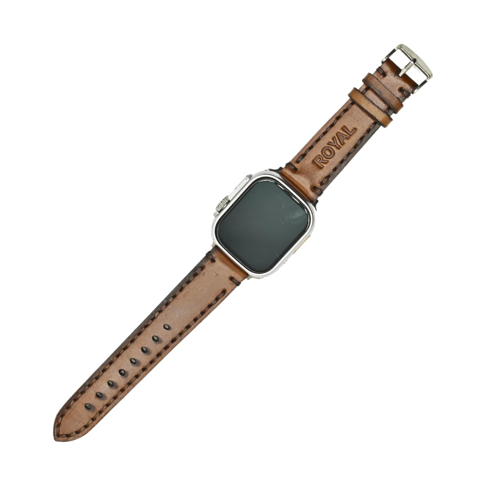 ROYAL Leather Apple Watch Band — Tan — full strap, front view on white