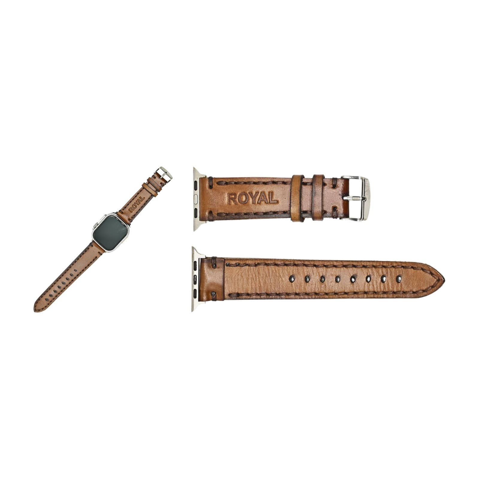 ROYAL Leather Apple Watch Band — Tan — two views shown together on white