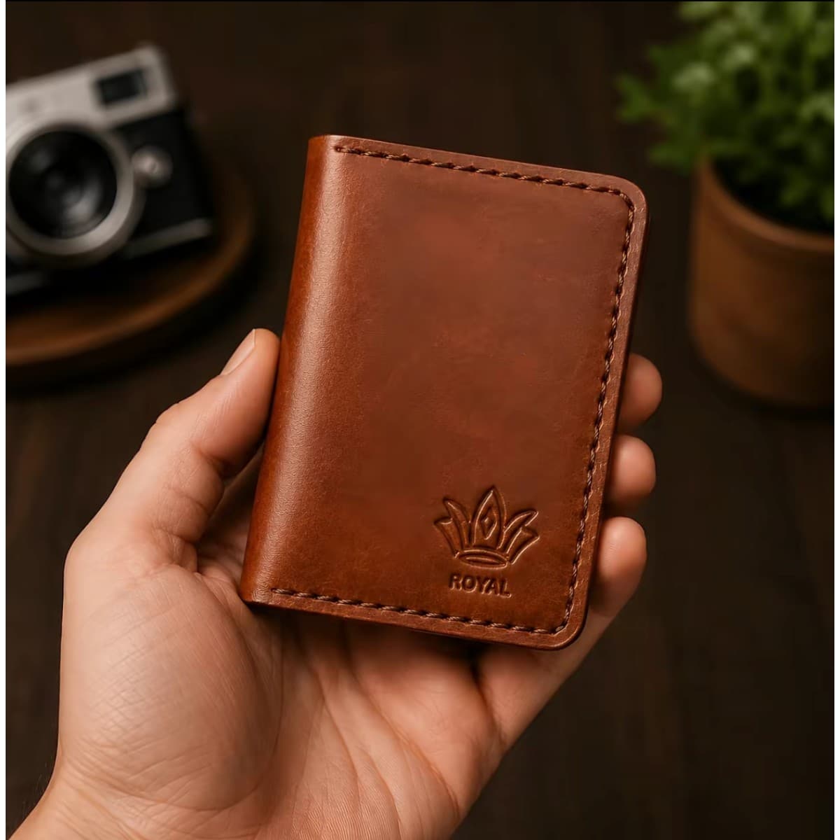 ROYAL Hand Made Card Holder — Tan — angle view