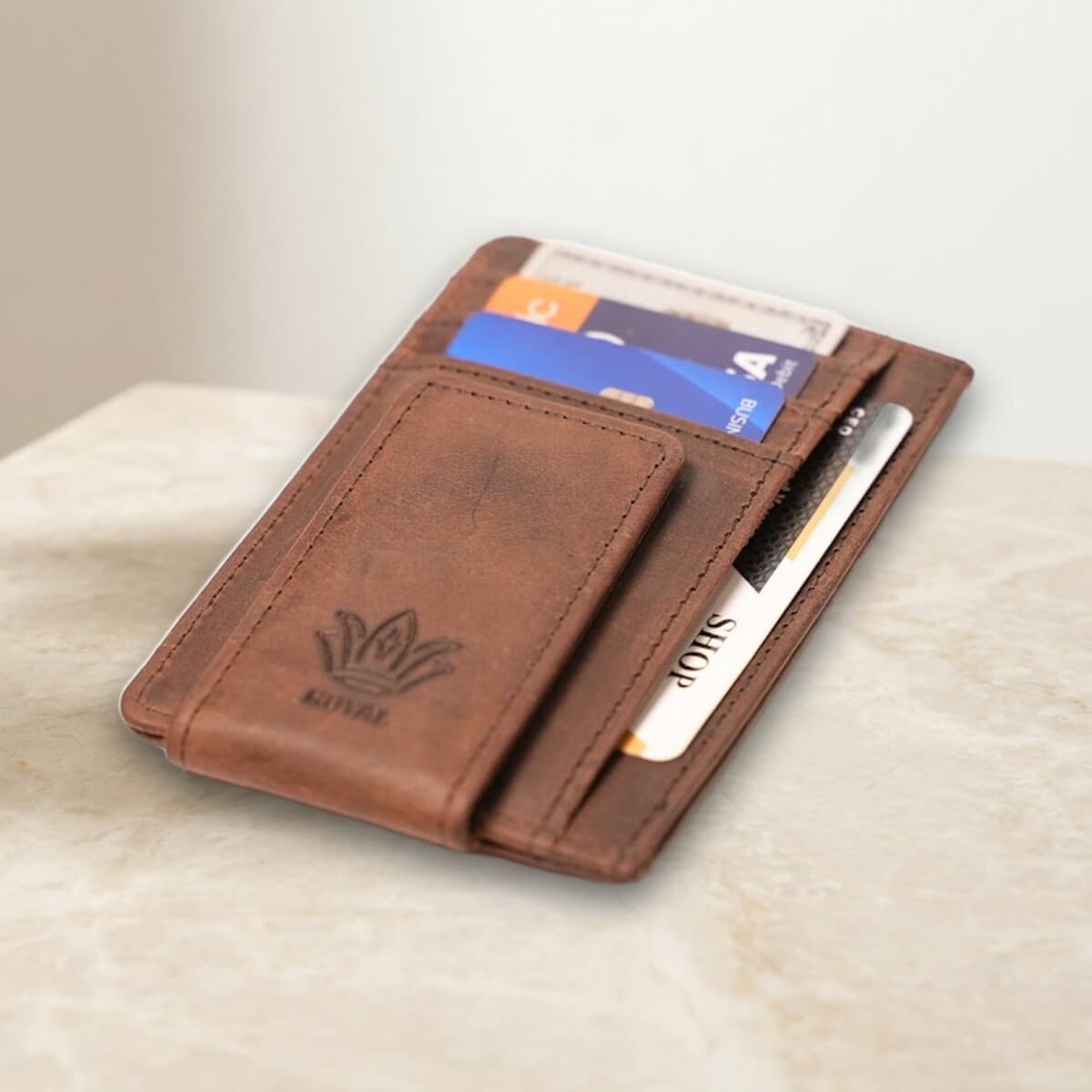 Royal Magnet Card Holder — Brown — Brown full-grain leather