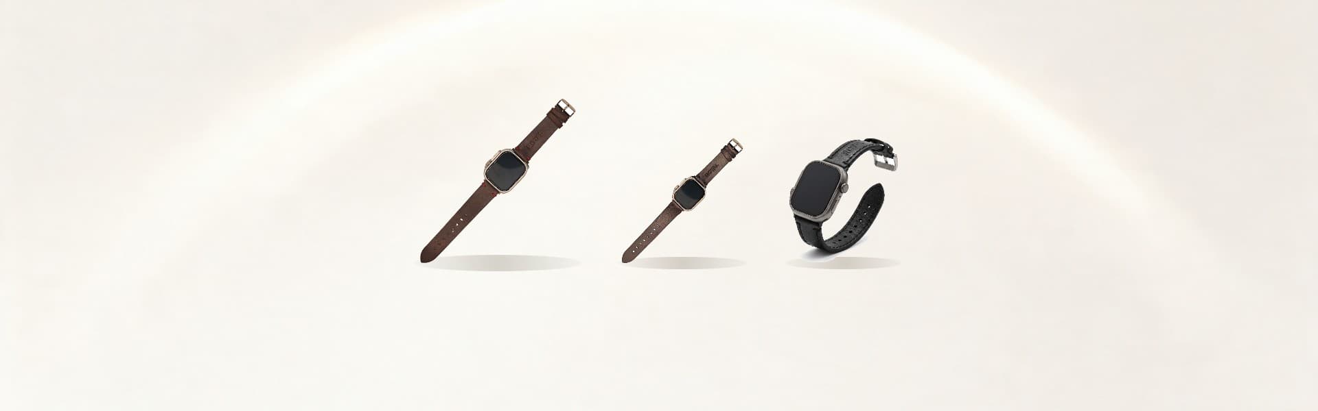 ROYAL leather Apple Watch bands on a soft ivory backdrop