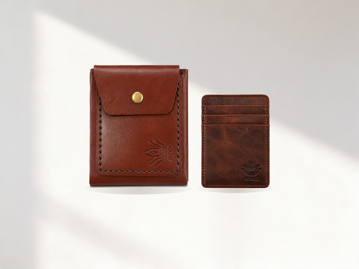ROYAL slim leather card holders on a pale sand plaster backdrop