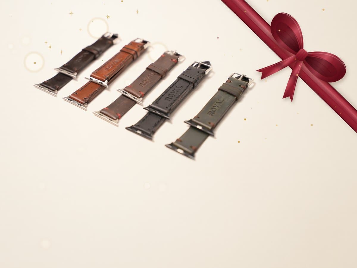 ROYAL leather Apple Watch bands on a soft ivory backdrop