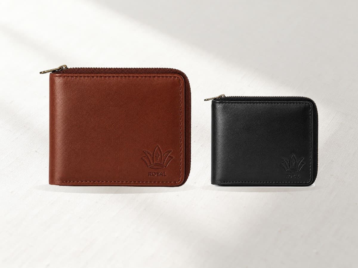 ROYAL full grain leather wallets on a warm oat linen backdrop