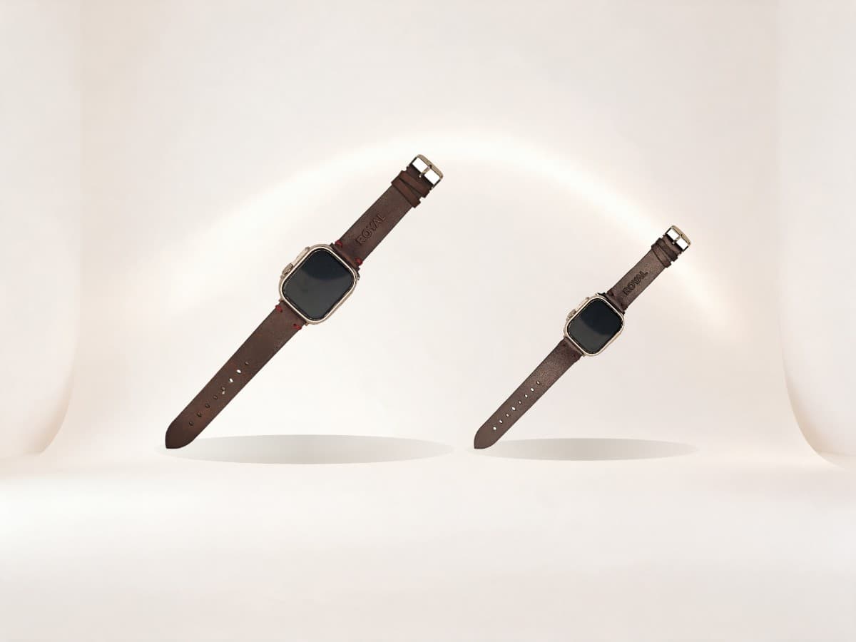ROYAL leather Apple Watch bands on a soft ivory backdrop