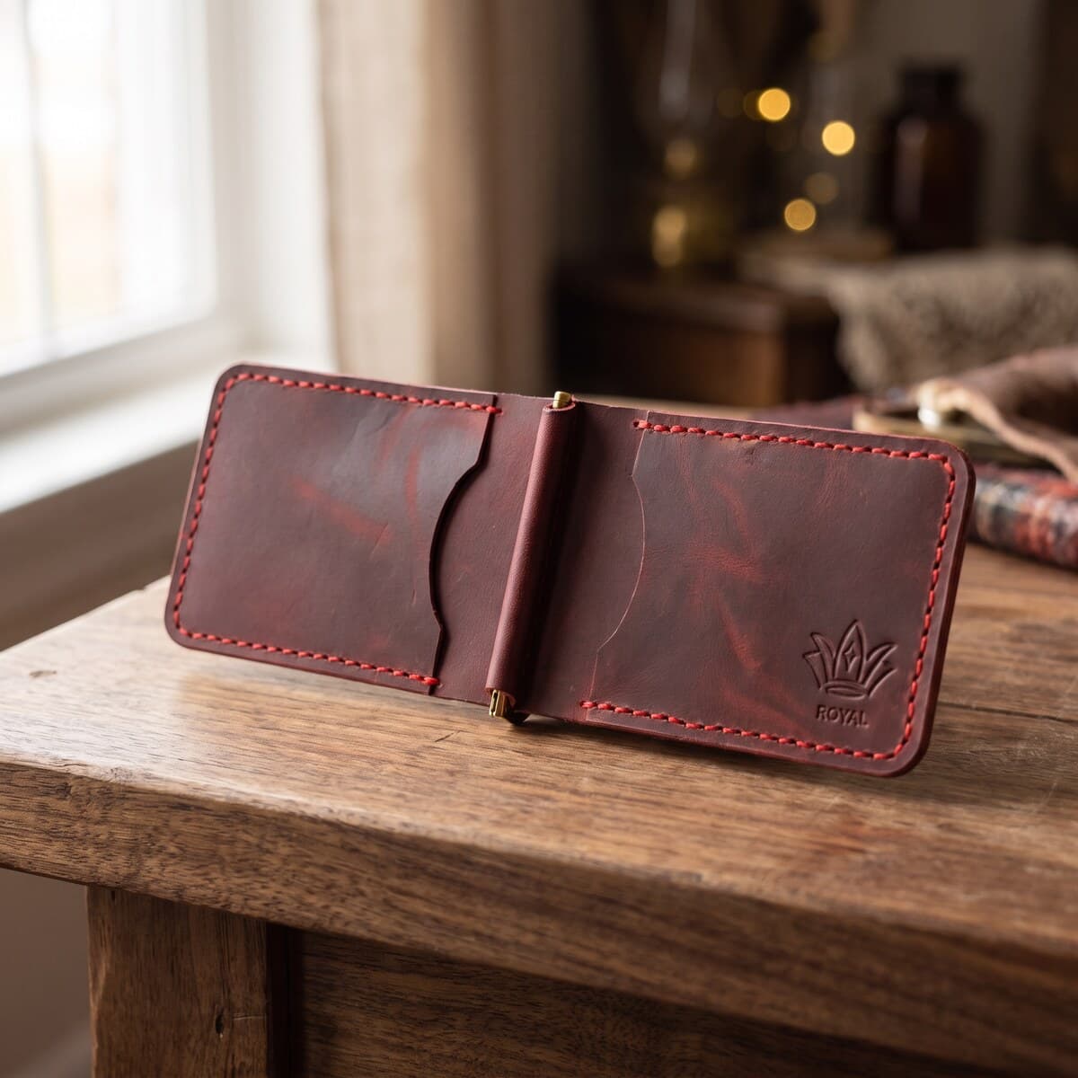 ROYAL Hand Made Cash Clip — Burgundy — lifestyle view