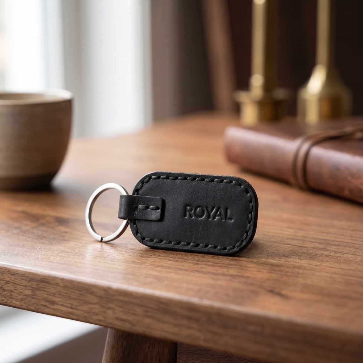 ROYAL Leather Keychain — Black — back view