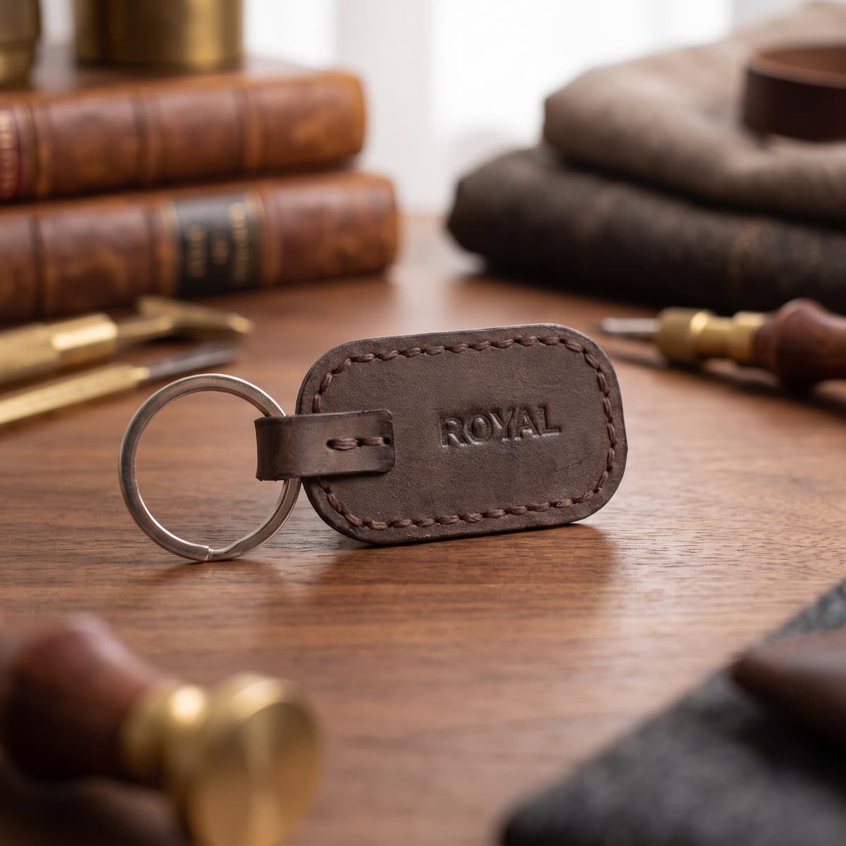 ROYAL Leather Keychain — Brown — back view