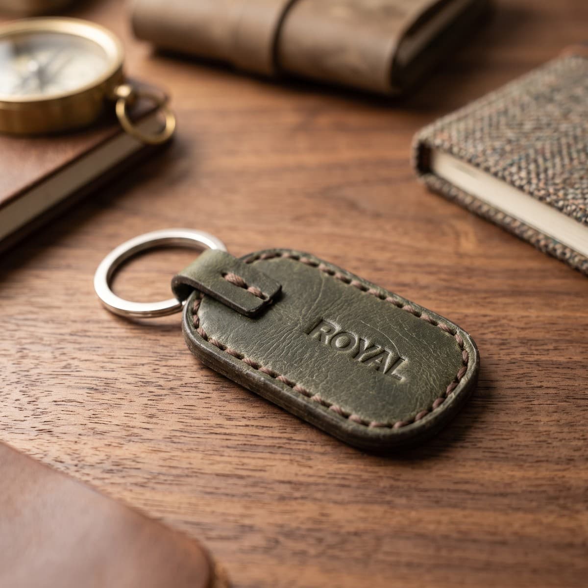 ROYAL Leather Keychain — Green — back view