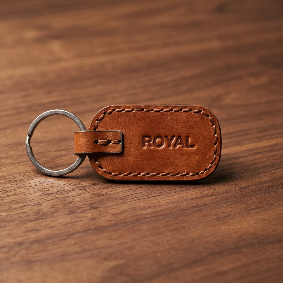 ROYAL Leather Keychain — Tan — angle view