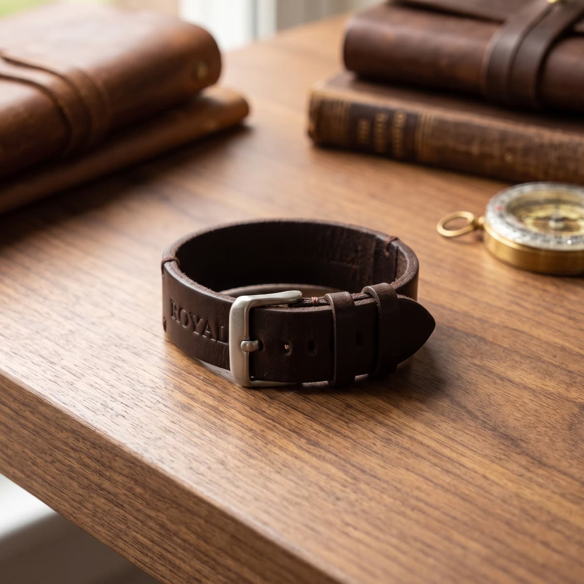 ROYAL Leather Watch Strap — Chocolate Brown — detail view