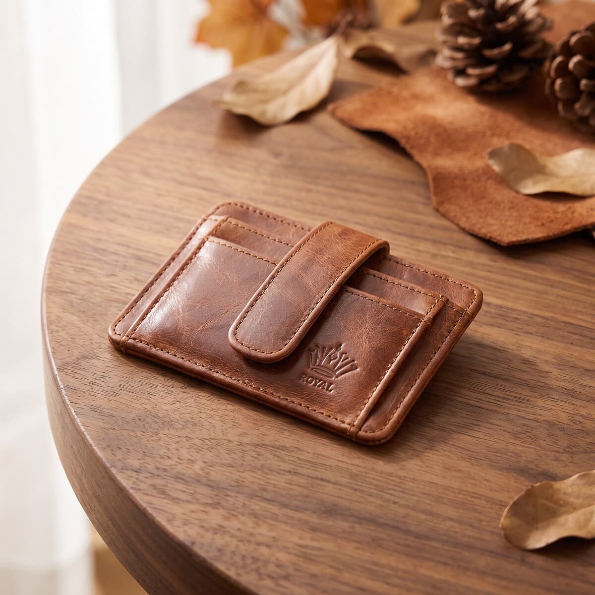 ROYAL Short Flap Card Holder — Tan — front view
