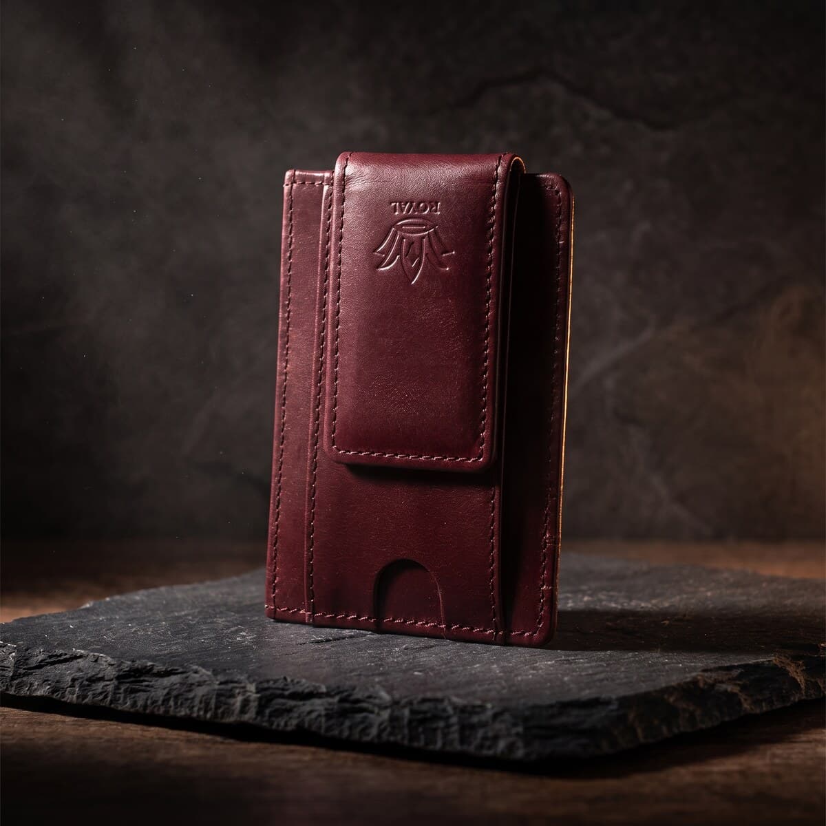 ROYAL Magnet Card Holder — Burgundy — angle view