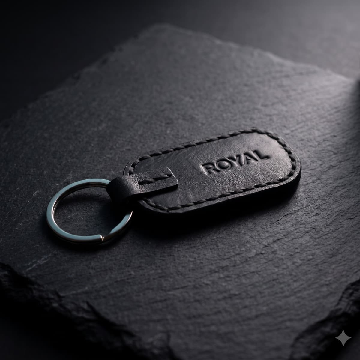 ROYAL Leather Keychain — Black — angle view