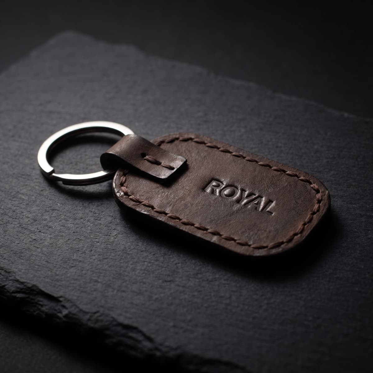 ROYAL Leather Keychain — Brown — front view