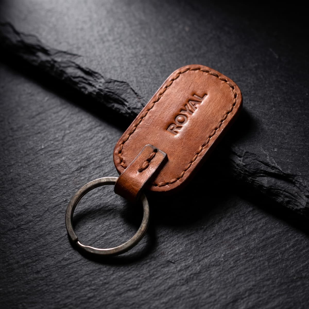 ROYAL Leather Keychain — Tan — detail view