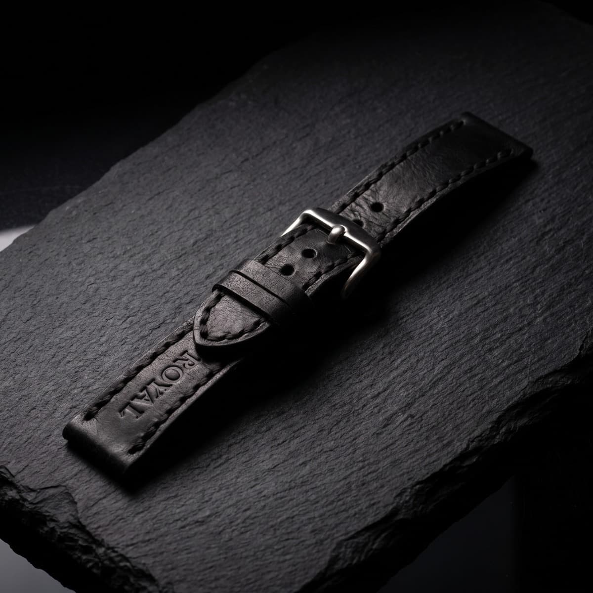 ROYAL Leather Watch Strap — Black — angle view