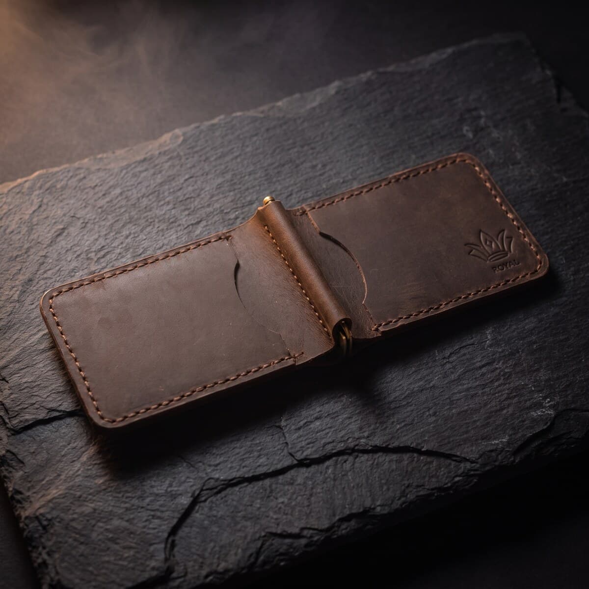 Royal Hand Made Cash Clip β Brown β Brown full-grain leather